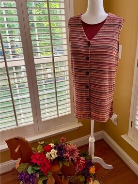Striped Sleeveless Button-Front Vest in Red